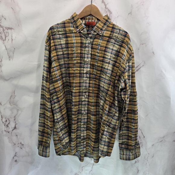 St Johns Bay Shirt Mens XL Brown Plaid Camp Mountain Tree Print Button Down - Picture 1 of 11